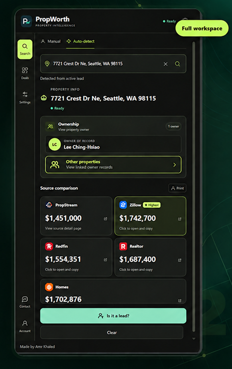 PropWorth Chrome extension showing a completed property search with ownership and source comparison.